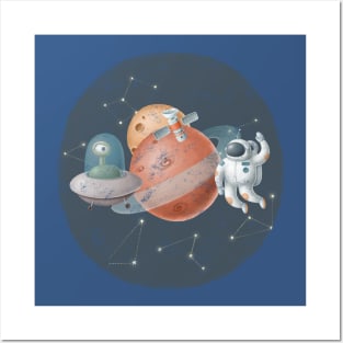 Astronaut meeting with aliens in space. Posters and Art